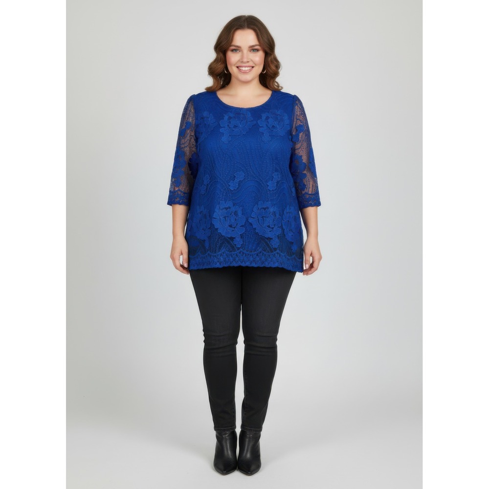 Royal Blue Floral Lace Blouse 3/4 Sleeve Scalloped Hem Keyhole Back Top Size 2XL